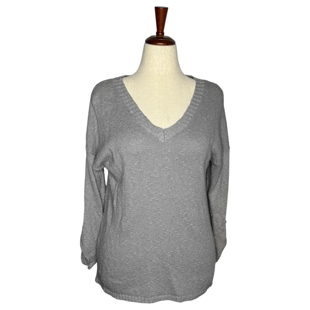Habitat V-Neck Sweater Women's Small Gray Drop Shoulders Cotton Knit Pullover